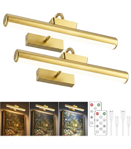 Bridika Picture Light With Remote – Rechargeable Battery-Operated, 3 Color Modes (3000K/4500K/6500K), Dimmable, Timer, Gold/Black, For Art & Paintings
