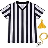 obmwang Kids Referee Shirt Costume, Black and White Stripe V Neck Referee Shirt, Yellow Penalty Flag and Whistle