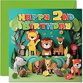 Stuff4 2nd Birthday Card for Boys Girls - Jungle Animals - Happy Birthday Card 2 Year Old Boy Girl, Second Birthday Cards for Him Her, 5.7 x 5.7 Inch Greeting Cards for Nephew Niece Children Kids