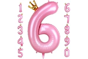 HZQRUQH 40 Inch Crown Pink Number 6 Balloon, Big Conjoined Baby Pink Foil Mylar Helium Digit 6 Balloon for Girl 6th Birthday Party Decorations Anniversary Decor Theme Party Supplies