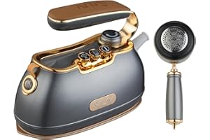 SALAV IS-900A Retro Handheld Garment Steamer + Iron, Ceramic Steam Plate, 1000 watts of Steam, Removes Wrinkles on Clothes (Steamer and Iron + Fabric Shaver and Lint Roller, Titanium)