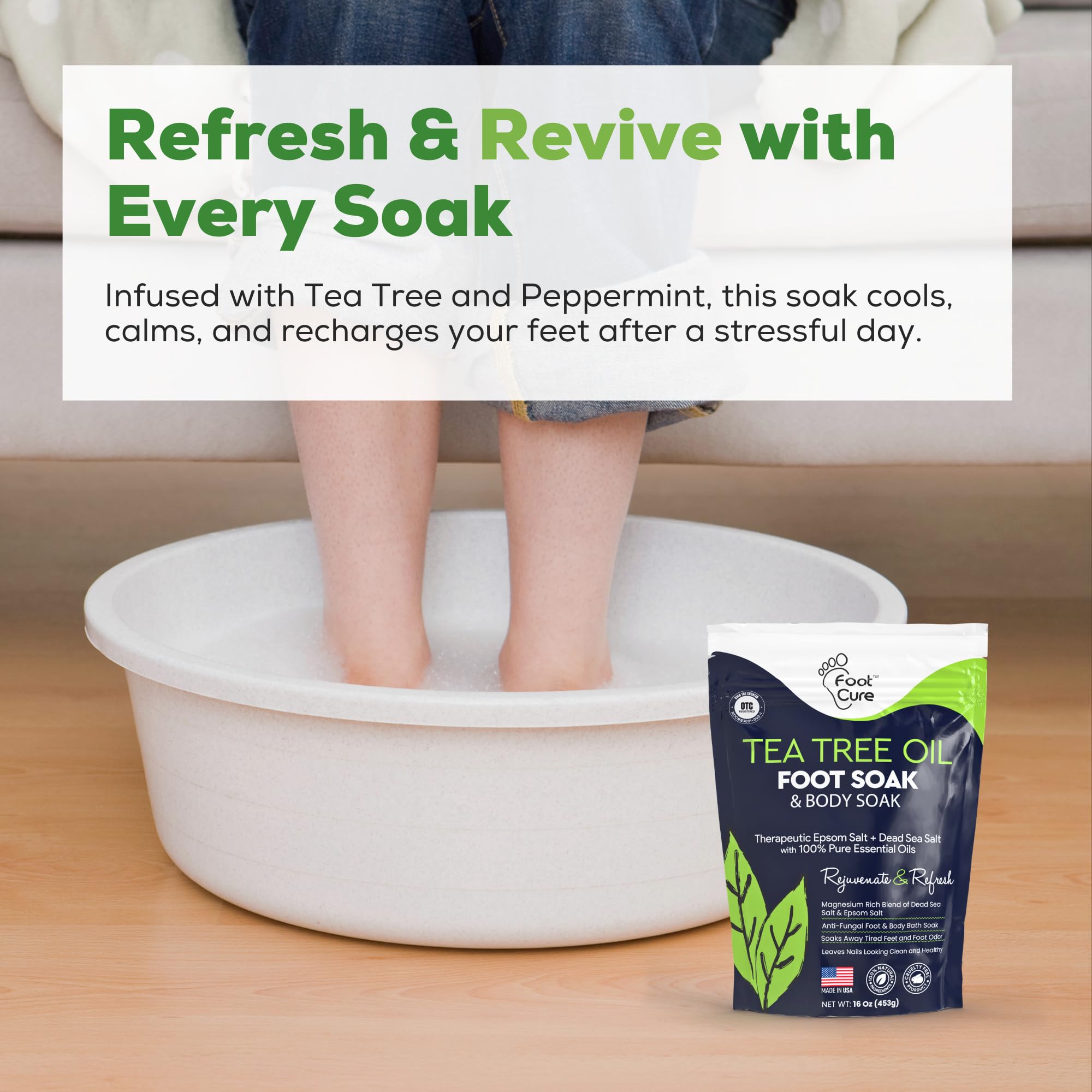 Tea Tree Oil Foot Soak with Epsom Salt - For Toenail Repair, Athletes Foot, Softens Calluses, Soothes Sore & Tired Feet, Nail Discoloration, odor Scent, Spa Pedicure Care - Made in USA 16 oz