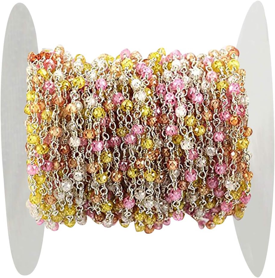 10 Ft Multi Color Zircon Beads Rosary, 2.5-3mm Silver Plated Wire Wrapped Rosary Chain (SPMU-30050)