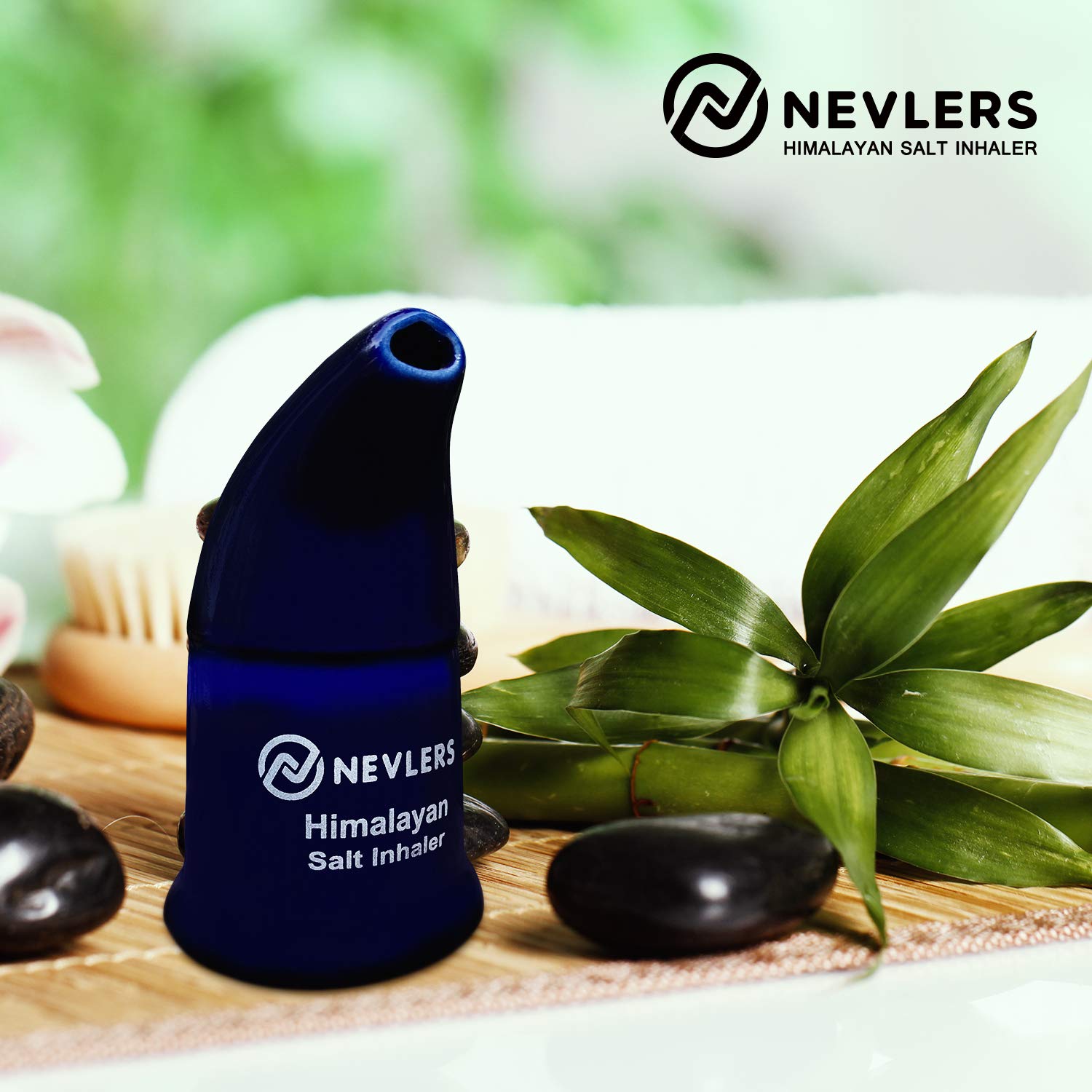 Nevlers Navy Blue Himalayan Salt Inhaler w/ 6 Oz Coarse Pink Himalayan Sea Salt | Ceramic Portable Himalayan Pink Salt Inhaler for Lungs & Nose | Homeopathic Natural Asthma Relief Smelling Salts