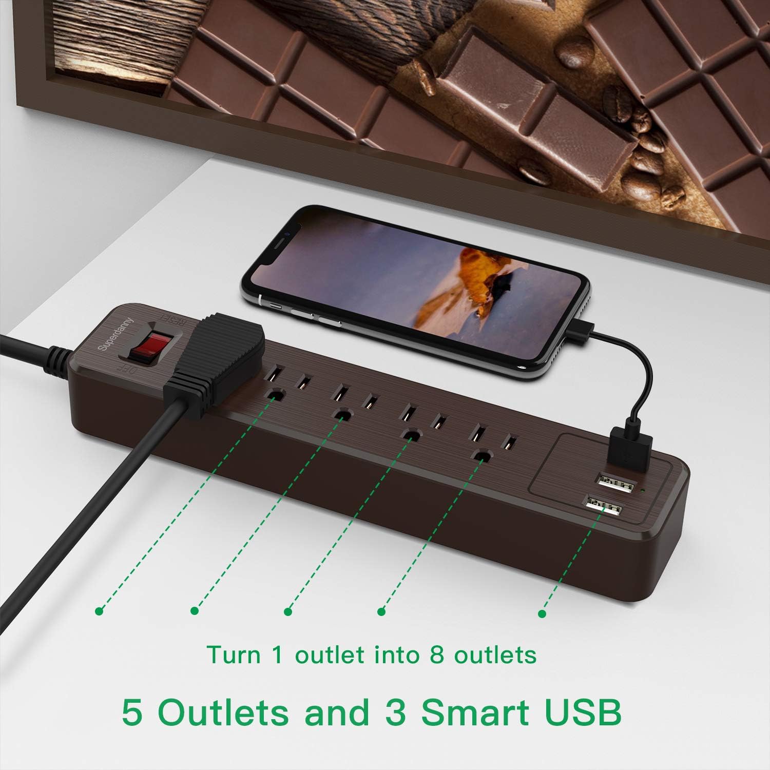 SUPERDANNY USB Surge Protector Power Strip Mountable Extension Cord Multiple Protection 5 Outlet 3 USB Port with Hook & Loop Fastener for iPhone iPad PC Home Office Travel Black: Electronics