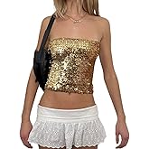 Women Sequin Strapless Top Sexy Y2k Sparkly Tube Tops Backless Summer Going Out Bandeau Crop Tops