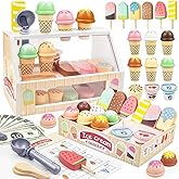 Wooden Ice Cream Toys Kids Pretend Play Store Toys for Toddlers Girls 3-5, Play Kitchen Accessories with Counter & Menu, Wood