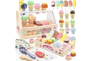 Wooden Ice Cream Toys Kids Pretend Play Store Toys for Toddlers Girls 3-5, Play Kitchen Accessories with Counter & Menu, Wood