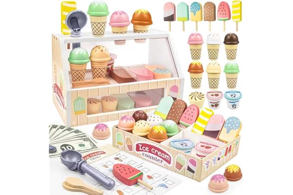 Wooden Ice Cream Toys Kids Pretend Play Store Toys for Toddlers Girls 3-5, Play Kitchen Accessories with Counter & Menu, Wood