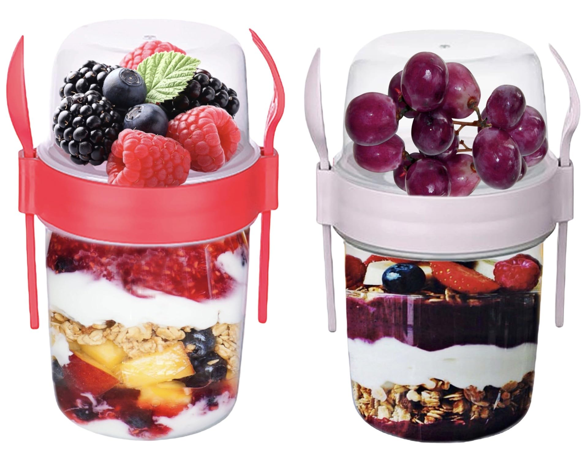 VL Yogurt Pots Reusable Overnight Oats Container with Spoon & Fork BPA free Breakfast Pots to GO Muesli Cereal On the Go Dishwasher Safe Lunch Box Oatmeal Jars (Set of 2 (Red, Pink), 800ml)