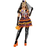 Morph Catrina Costume for Women, Day of the Dead Halloween Dress | Includes Lace Gloves, Dress, and a Marigold Veil Headband, Perfect for Halloween parties, Día de los Muertos and Dress-Up