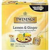 Twinings Lemon &amp; Ginger Herbal Tea Individually Wrapped Bags, 100 Count (Pack of 1), Tangy Lemon, Spicy Ginger, Naturally Caffeine-Free, Enjoy Hot or Iced, 100 Teabags