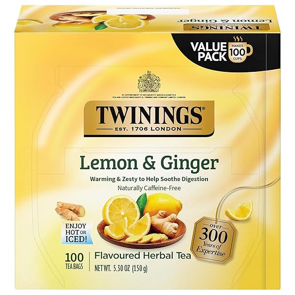 TWININGS LEMON & GINGER HERBAL TEA INDIVIDUALLY WRAPPED BAGS, 100 COUNT (PACK OF 1), TANGY LEMON, SPICY GINGER, NATURALLY CAFFEINE-FREE, ENJOY HOT OR ICED, 100 TEABAGS