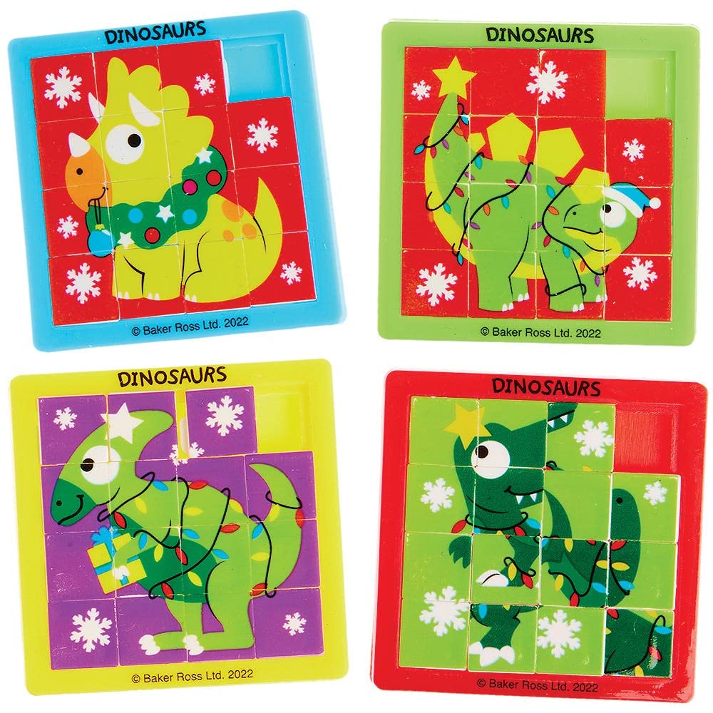 Baker Ross FX366 Christmas Dinosaur Mini Sliding Puzzles - Pack of 6, Xmas Slide Puzzle, Puzzle Games for Kids, Pocket Toys for Children