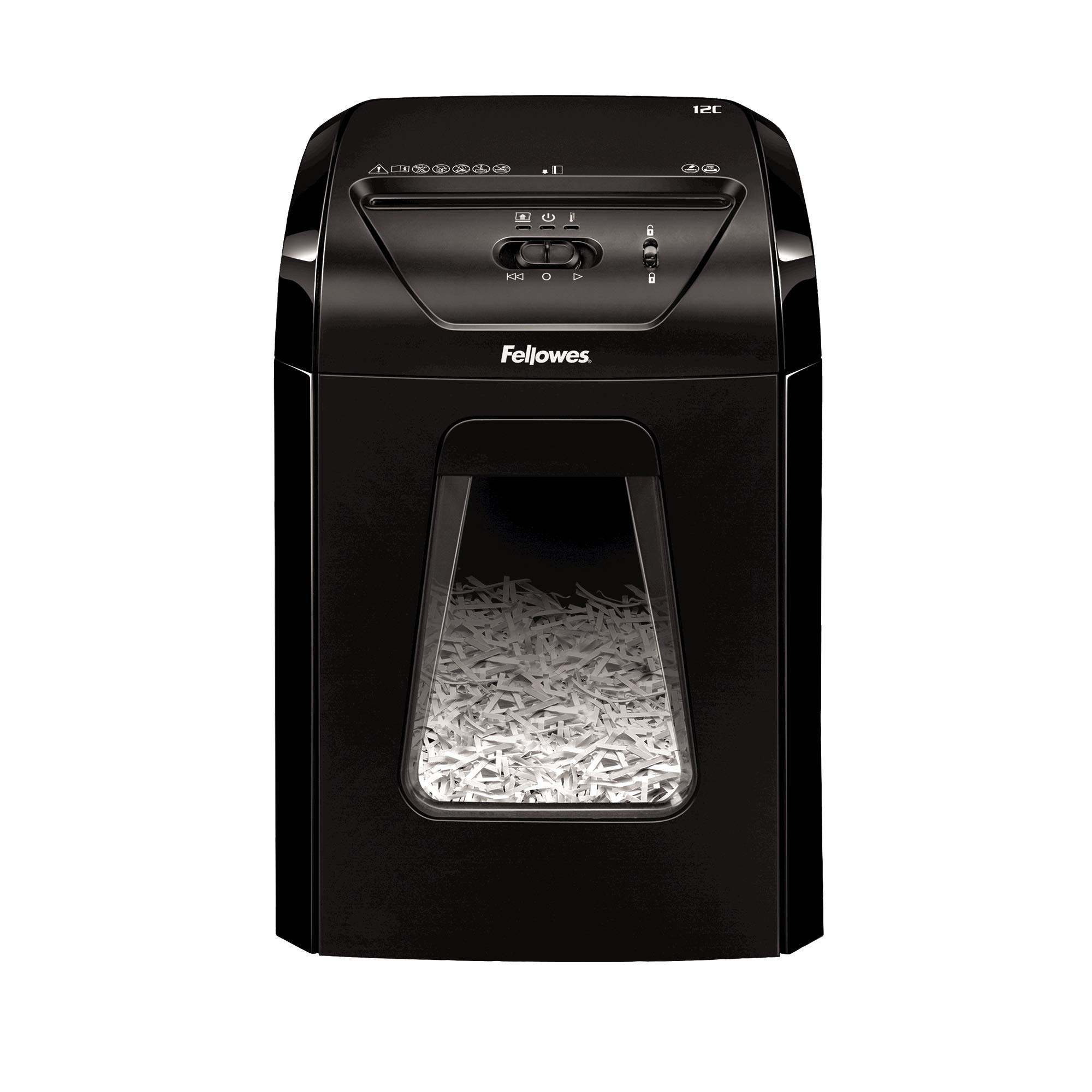 Fellowes Paper Shredder for Home Office Use - 12 Sheet Cross Cut Paper Shredder for Deskside Use - Powershred 12C Home Shredder with 19 Litre Pull-out Bin - High Security P4 - Black