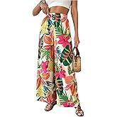 WDIRARA Women's Tropical Floral Print Elastic Waist Wide Leg Pants Palazzo Pants