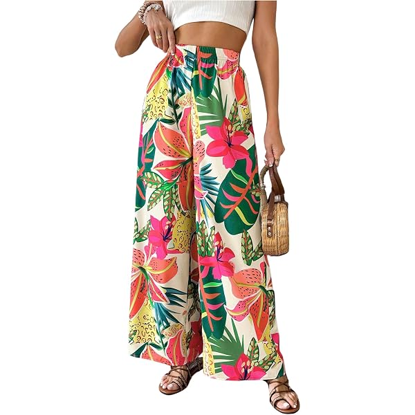 Pantalon Palazzo Femme Floerns - Grandes Tailles - Motif Floral Bohème - Taille Élastique - Léger Et Confortable