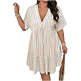 SOLY HUX Women's Plus Size Striped Ruffle Dress Summer Deep V Neck Half Sleeve Flowy Babydoll Dresses
