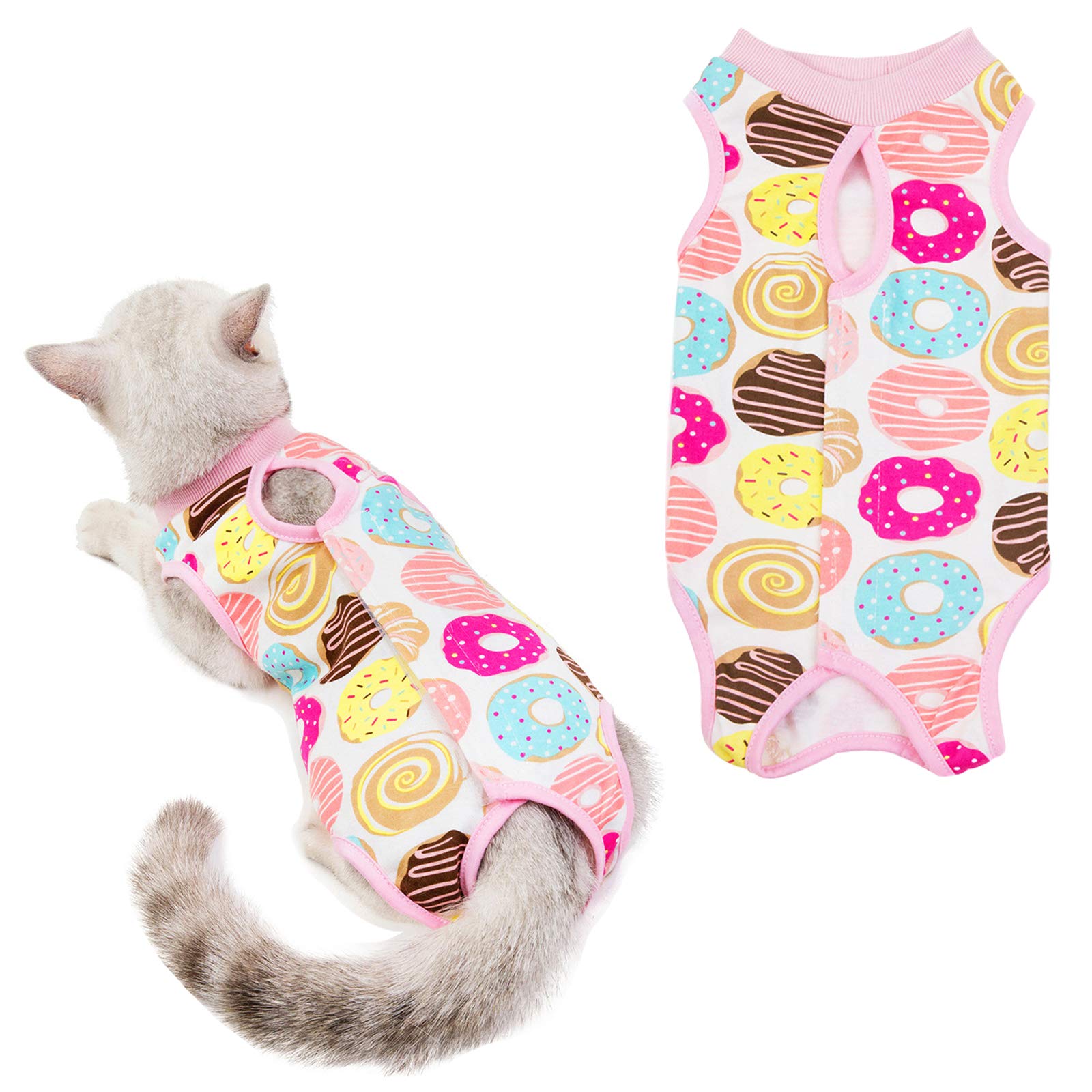 HACRAHO Cat Recovery Suit, 1 Piece Cat Wound Surgery Recovery Suit Breathable E-Collar Alternative for Cats and Dogs, Donuts, Chest Girth 13.39"