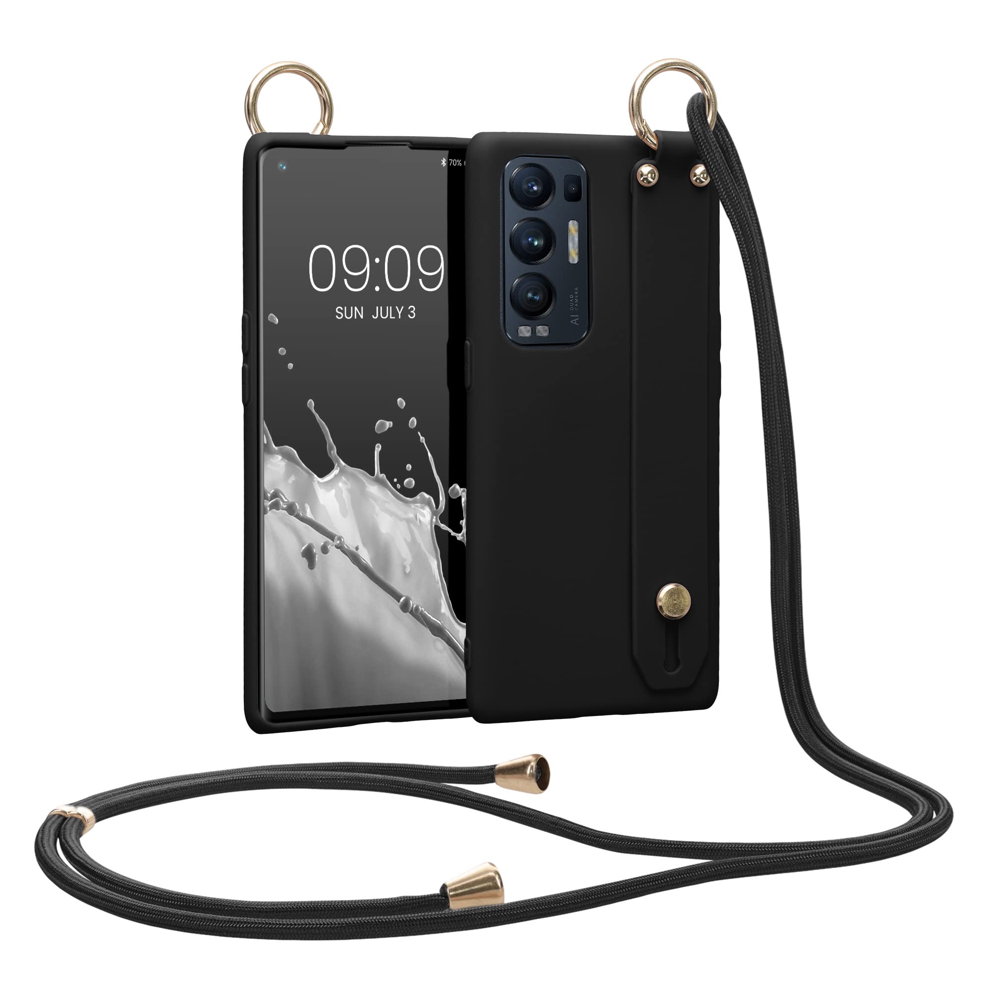 kwmobile Case Compatible with Oppo Find X3 Neo - Soft TPU Phone Cover with Hand Strap Holder and Lanyard - Black