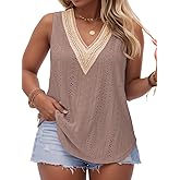 VISLILY Women's-Plus-Size-Summer-Tank-Tops Lace Trim Deep V Neck Shirts Cute Sleeveless Tunics Trendy Eyelet Blouses XL-5XL