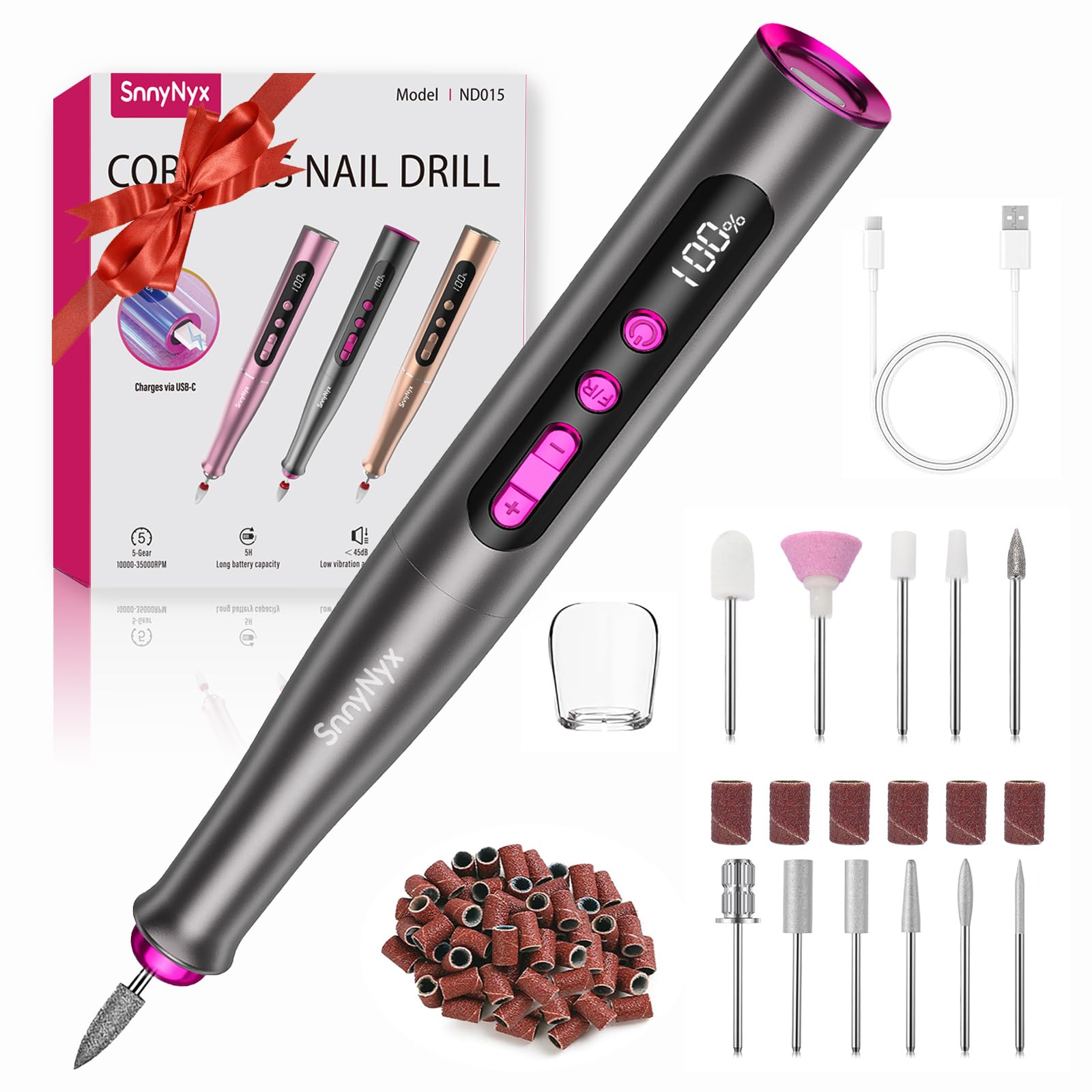 View 1 of ***MISSING CHARGER*** SnnyNyx Electric Nail Drill Professional, 35000RPM Cordless Acrylic Nail Kit for Nail Polish Remover, Electric Nail File Buffer Grinder, Nail Filer Electric Manicure and Pedicure kit (Matte Gray)