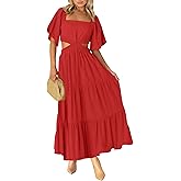 LEANI Women's 2025 Summer Cutout Maxi Dress Square Neck Short Sleeve Crossover Waist Casual Party Dresses