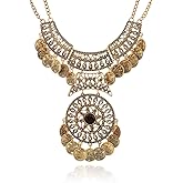 Cykdohy Tassel Engraved Coin Bib Black Gemstone Necklace for Women Punk Vintage Ethnic Boho Gothic Collar Choker Statement Exaggerated Fashion Bohemian Clavicle Necklaces Jewelry Gift