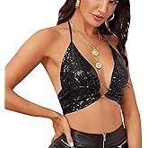 Women Sexy Sequins Glitter Halter Neck Crop Tank Top V Neck Sleeveless Backless Camisole Vest with O-Ring