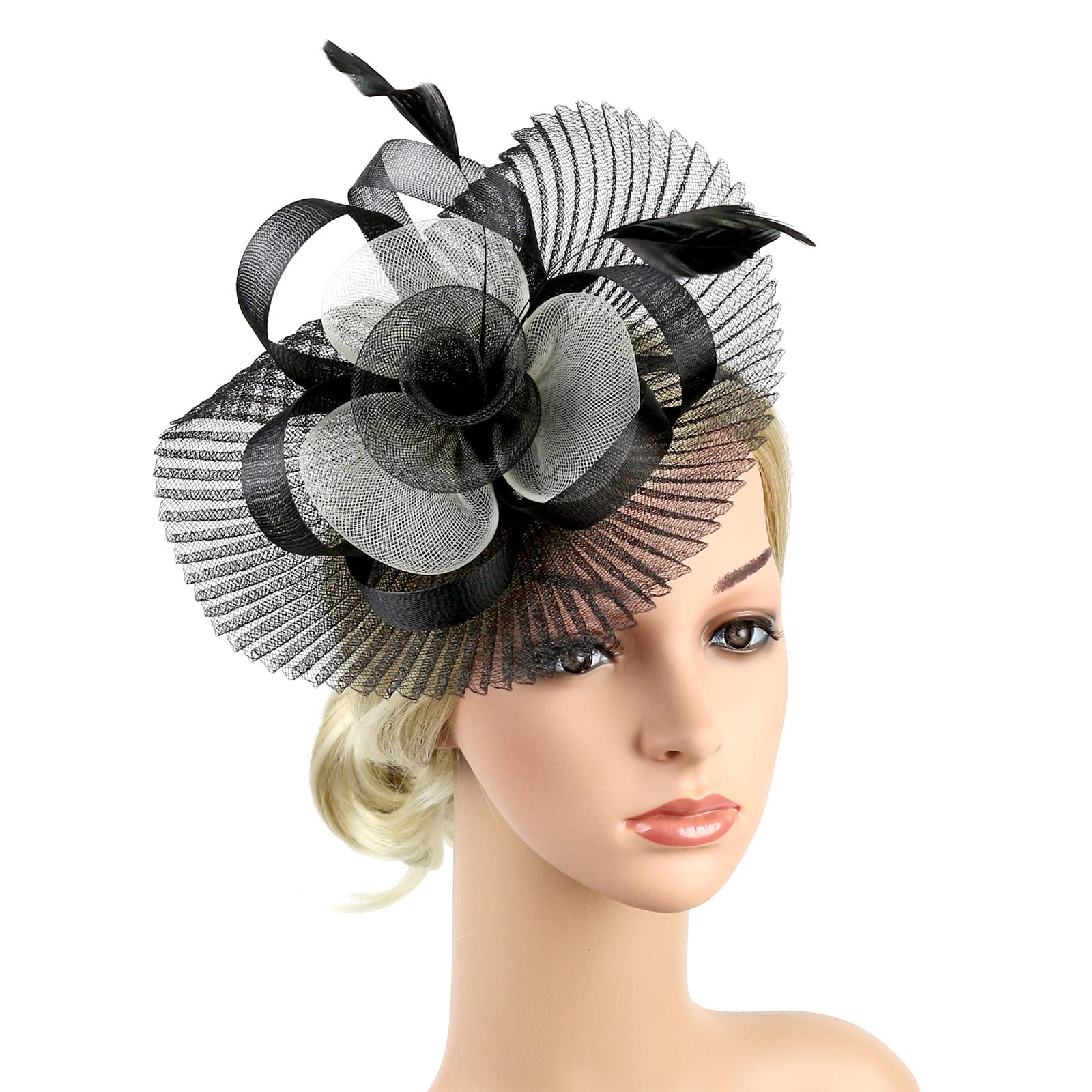 Fascinator Headband for Women - Flower Feather Cocktail Pillbox Hat Bridal Headdress Headpiece with Hair Clip for Wedding & Tea Party