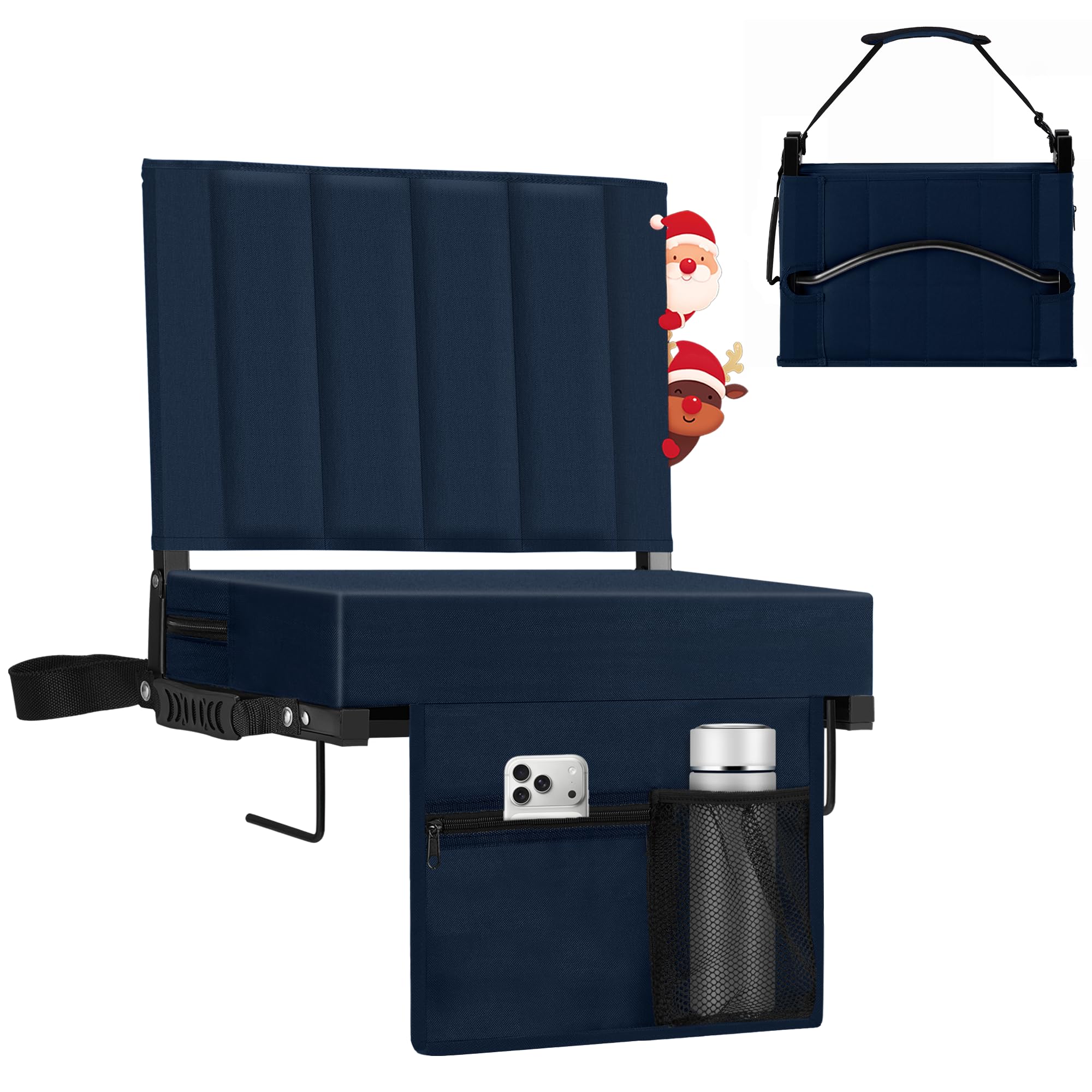 Halituny Stadium Seat for Bleachers with Back Support 2 Pack, Portable Bleacher Seat with Padded Cushion, Metal Hook, Folding Stadium Chair with Shoulder Strap, Carry Handle, Cup Holder, Navy Blue Image