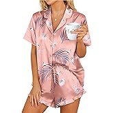 HOTOUCH Womens Satin Pajamas Set Button Down 2 Piece Silk Pjs Shorts Set Ruffle Lingerie Notch Collar Sleepwear