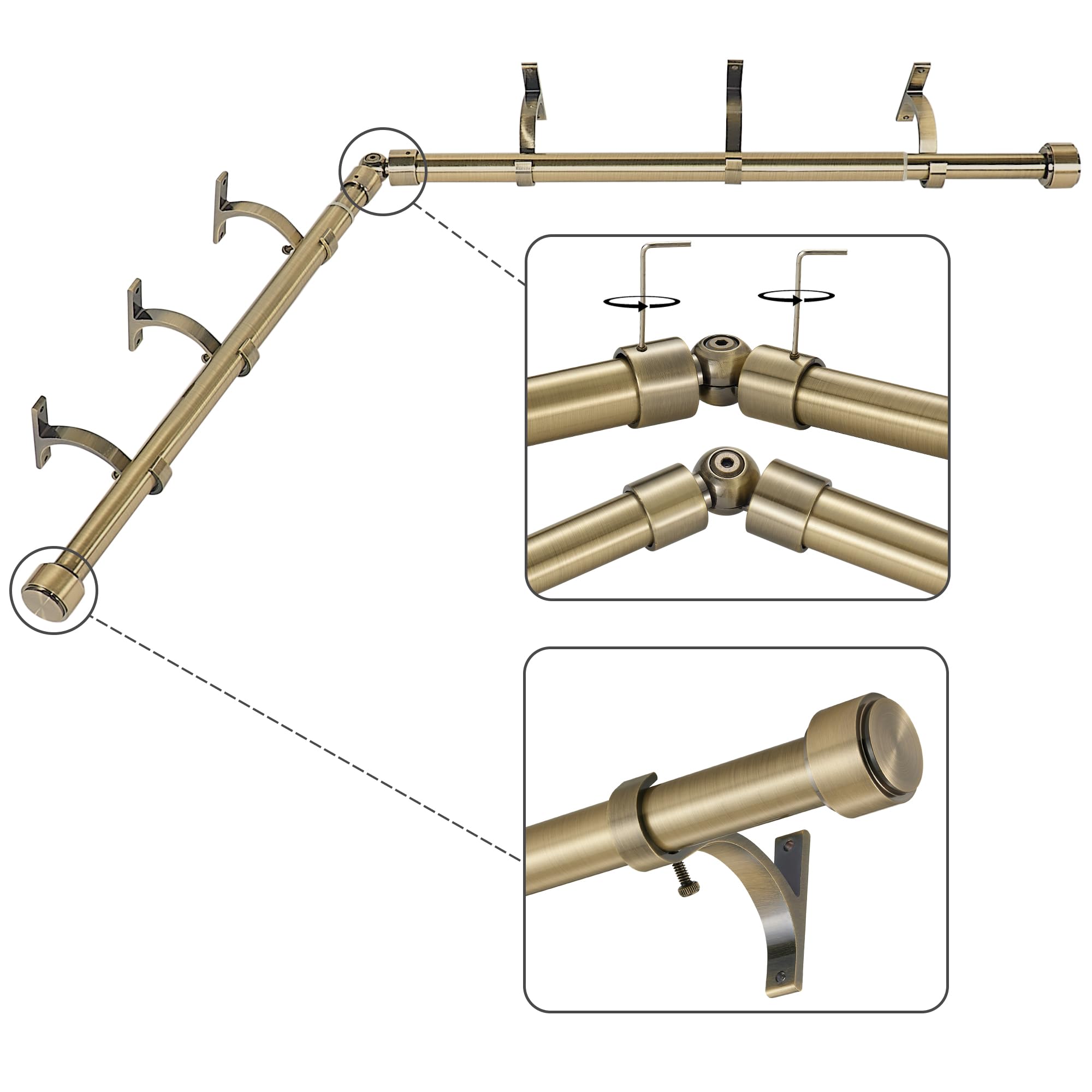 Photo 1 of Mayrhyme Antique Bronze Corner Window Curtain Rods with Aluminum End Cap Finials and Brackets,1 Inch Diameter Bay Window Curtain Rods,2 Sided 32-86 Inch Adjustable Drapery Rod