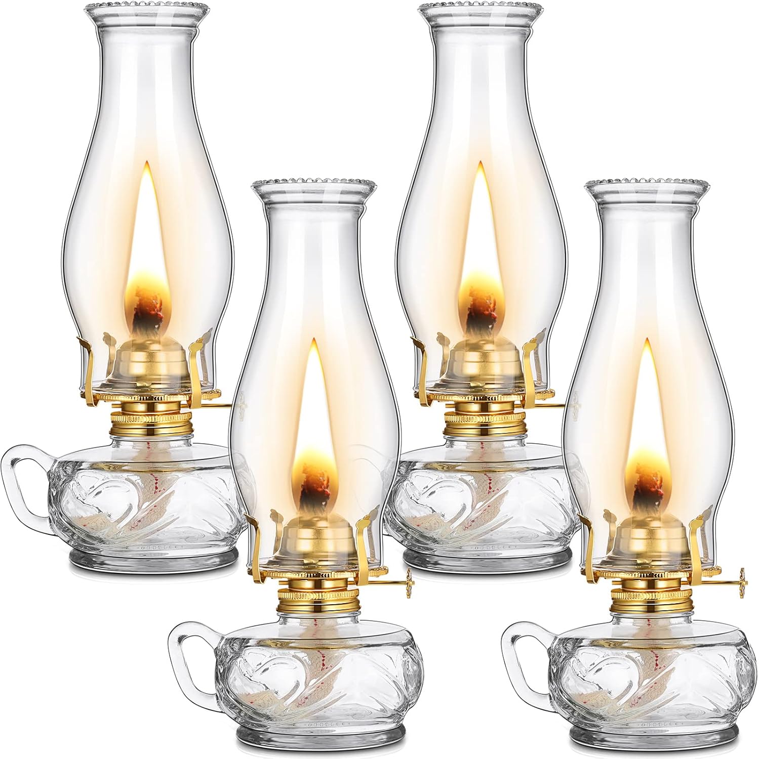 Oil Lamps & Accessories - 4 Pcs Large Chamber Oil Lamp Clear Vintage Glass Kerosene Lamp Decorative Hurricane Lamp Antique Rustic Oil Lantern for Indoor Tabletop Decor Emergency Lighting with Adjustable Fire Wick, 12.6'' High