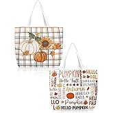 Bencailor 2 Pcs Thanksgiving Canvas Tote Bag Fall Plaid Pumpkin Tote Pouch Cute Aesthetic Reusable Grocery Bag for Women