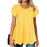 Afibi Womens Summer Crew Neck Loose Dressy Shirts Petal Short Sleeve Tunic Tops