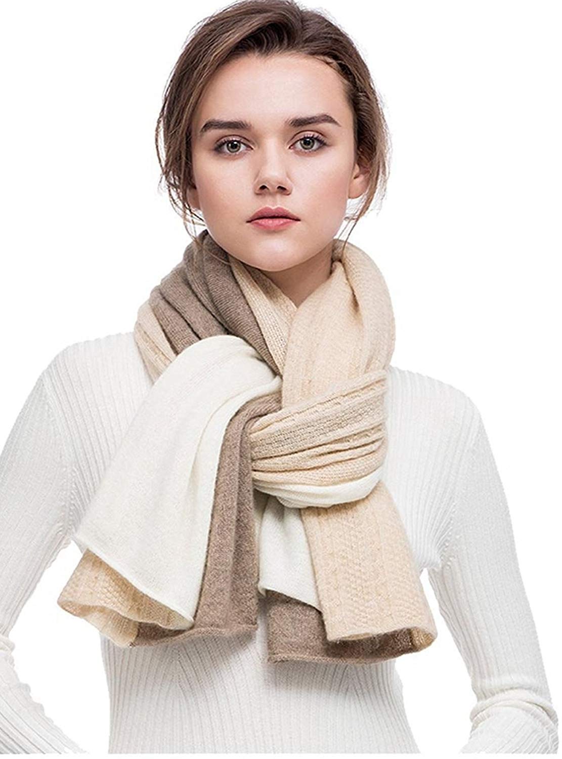 women scarves 100% Cashmere scarf Winter Wrap Pashmina Extra Large cashmere Shawl Contrast Color cable pattern Twist Knit (Beige)