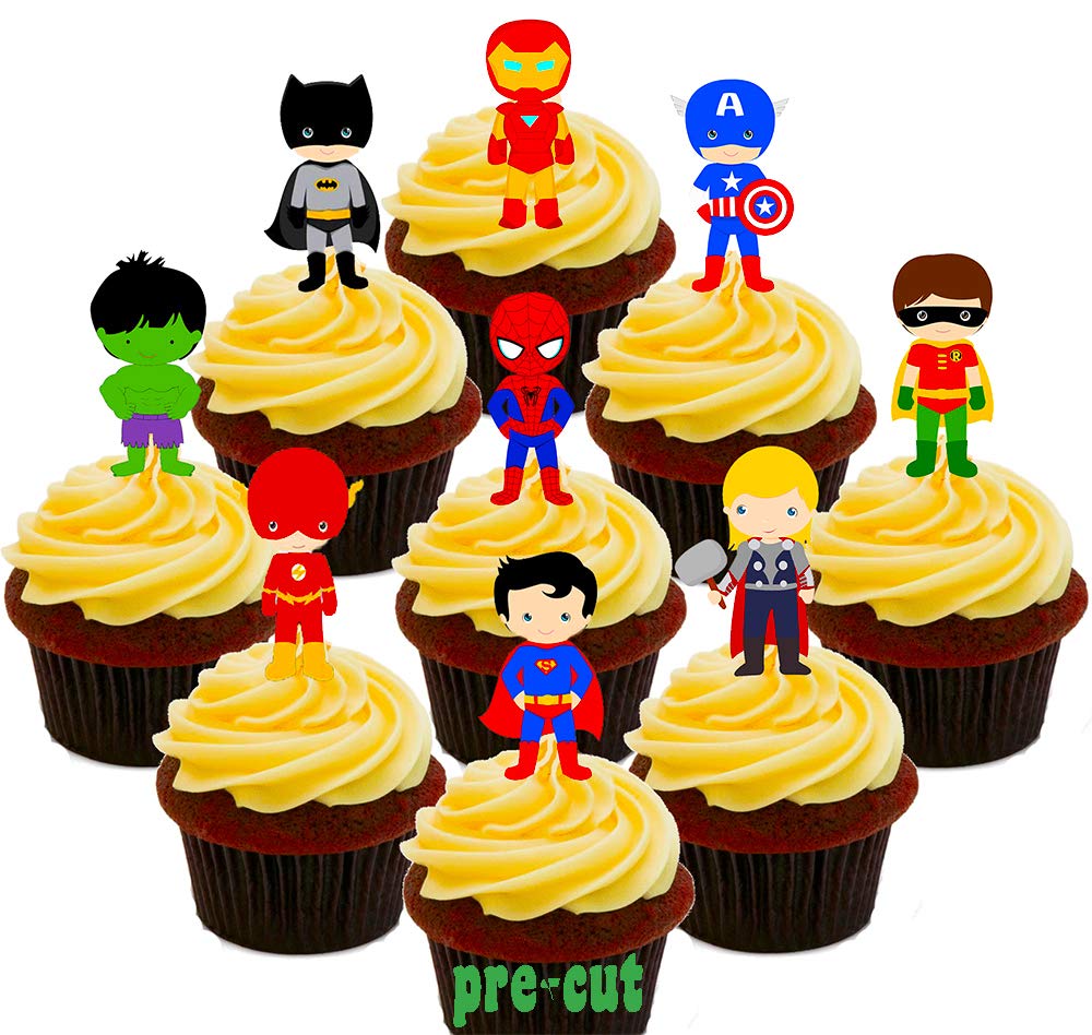 Made4You Superhero Party Pack - Pre-cut Edible Cupcake Toppers - Stand-up Wafer Cake Decorations (Pack of 36)