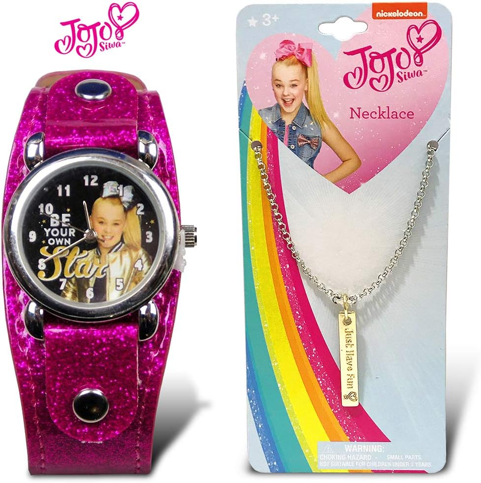 Warp Gadgets Bundle - JoJo Siwa Purple Glitter Watch & Gold Bar Just Have Fun Necklace (2 Items)