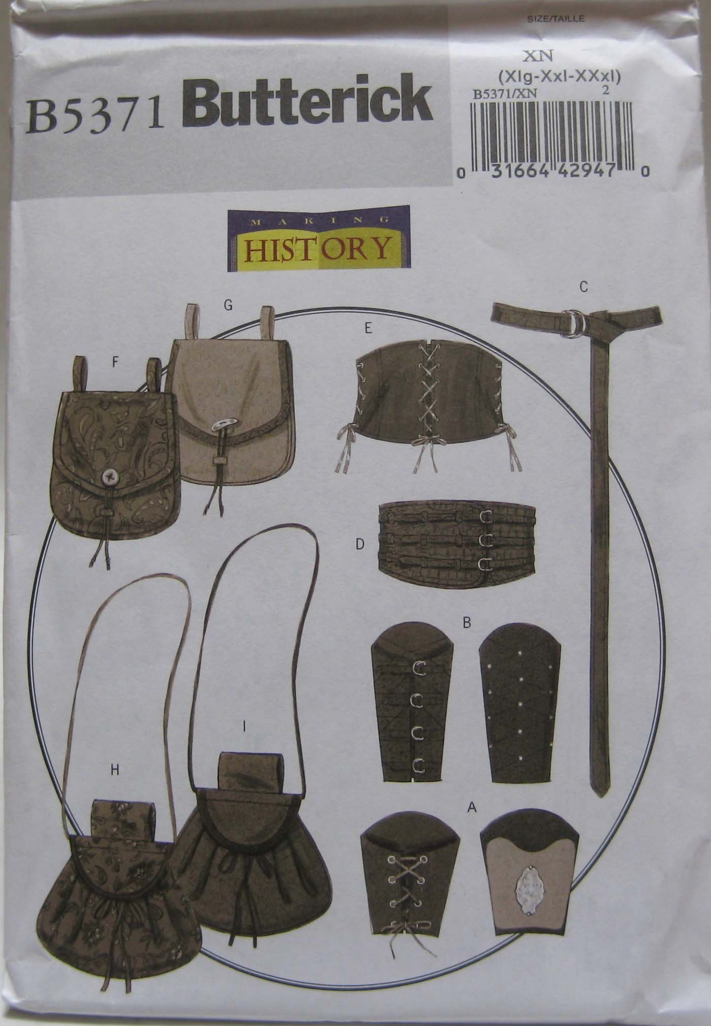 Butterick Patterns B5371 Size XN Extra-Large - XXL - XXXL Misses'/ Men's Wrist Bracers, Corset, Belt and Pouches, Pack of 1, White