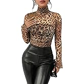 Kentysill Women's Sexy Bodysuit for Outfits: Mock Turtle Neck Long Sleeve Body Suit - Mesh Sheer Ruched Going Out Bodysuits