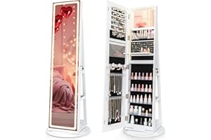 CHARMAID 360° Rotating Jewelry Armoire with LED Lighted Full Length Mirror & Built-in Vanity Mirror, Lockable Standing Jewelr