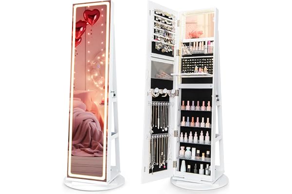 CHARMAID 360° Rotating Jewelry Armoire with LED Lighted Full Length Mirror & Built-in Vanity Mirror, Lockable Standing Jewelr
