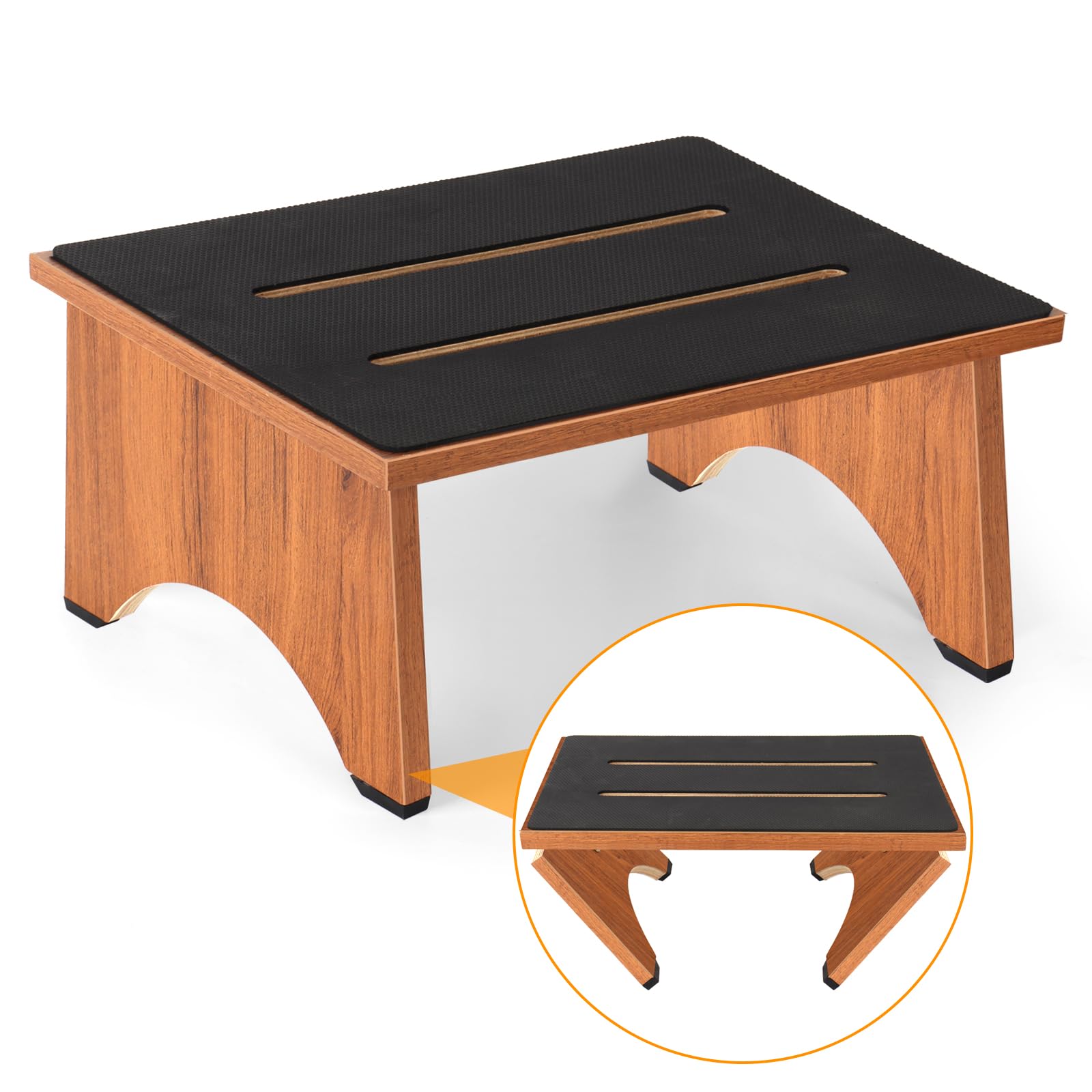 Foldable One Step Stools for Adults with Non-Slip Rubber Stepping Surface, Indoor/Outdoor Wooden Step Stools, 450lbs Carrying Capacity, Suitable for Kitchen, Bathroom, Bedroom etc(Walnut, 17CM)