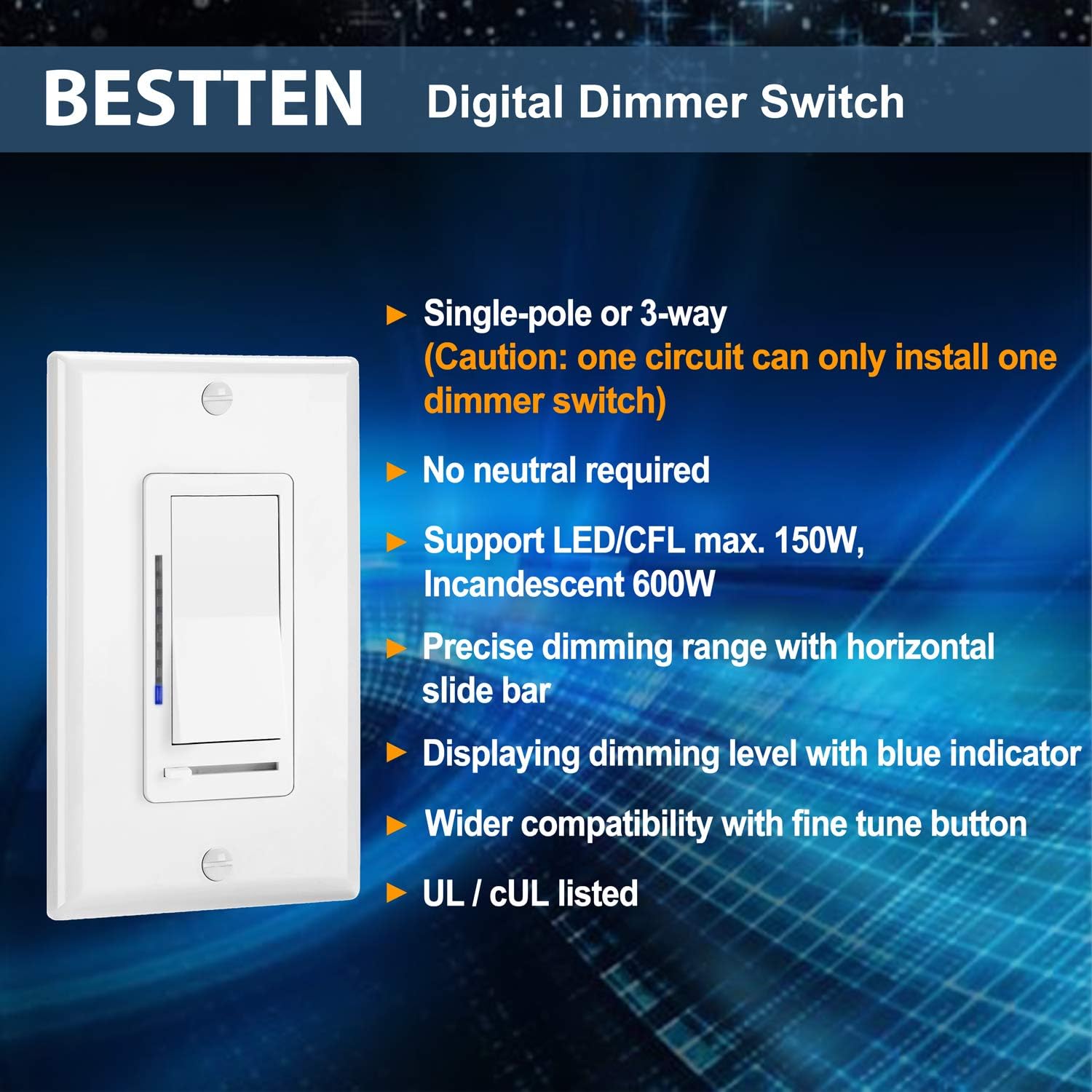 BESTTEN Digital Dimmer Switch with LED Indicator, Horizontal Dimming Slider Bar, Single Pole or 3-Way, for Dimmable LED Lights, CFL, Incandescent, Halogen Bulbs, UL Listed, White: Industrial & Scientific