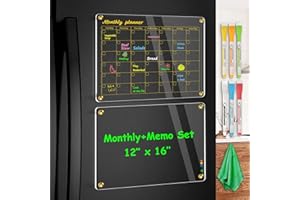 WALGLASS Acrylic Calendar for Fridge, 12"x16" Gold Monthly Clear Acrylic Magnetic Dry Erase Board for Refrigerator, Set of 2 Stronger-Magnetic Reusable Fridge Planner, Includes 8 Liquid Chalk Markers