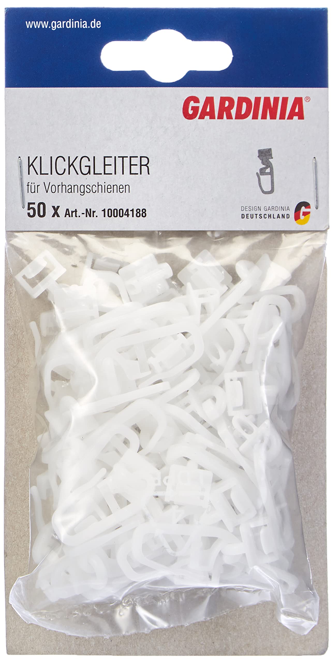 GARDINIA Click gliders with curtain hooks (pleated hooks), for GE and P2UE curtain rails, material -POM, washable, white, pack of 50