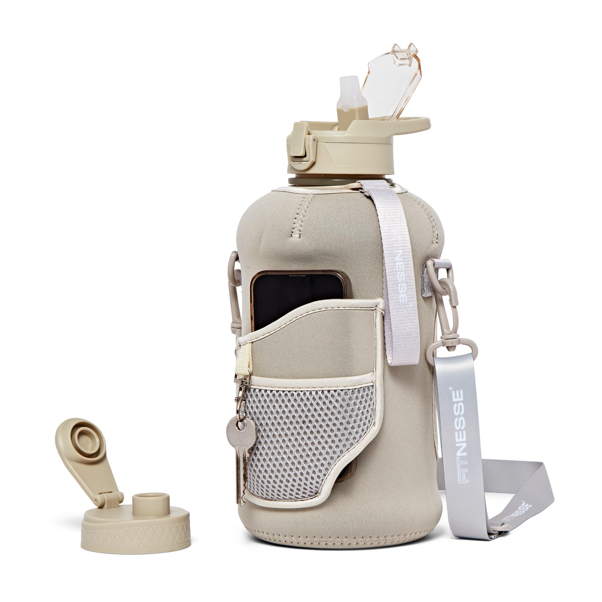 Fitnesse 2.2L Water Bottle with Straw and Covered Lid – Phone & Key Storage - Drop proof - Leak Proof - Shoulder Strap and Handle – Large Gym Water Bottle – BPA Free – Stone