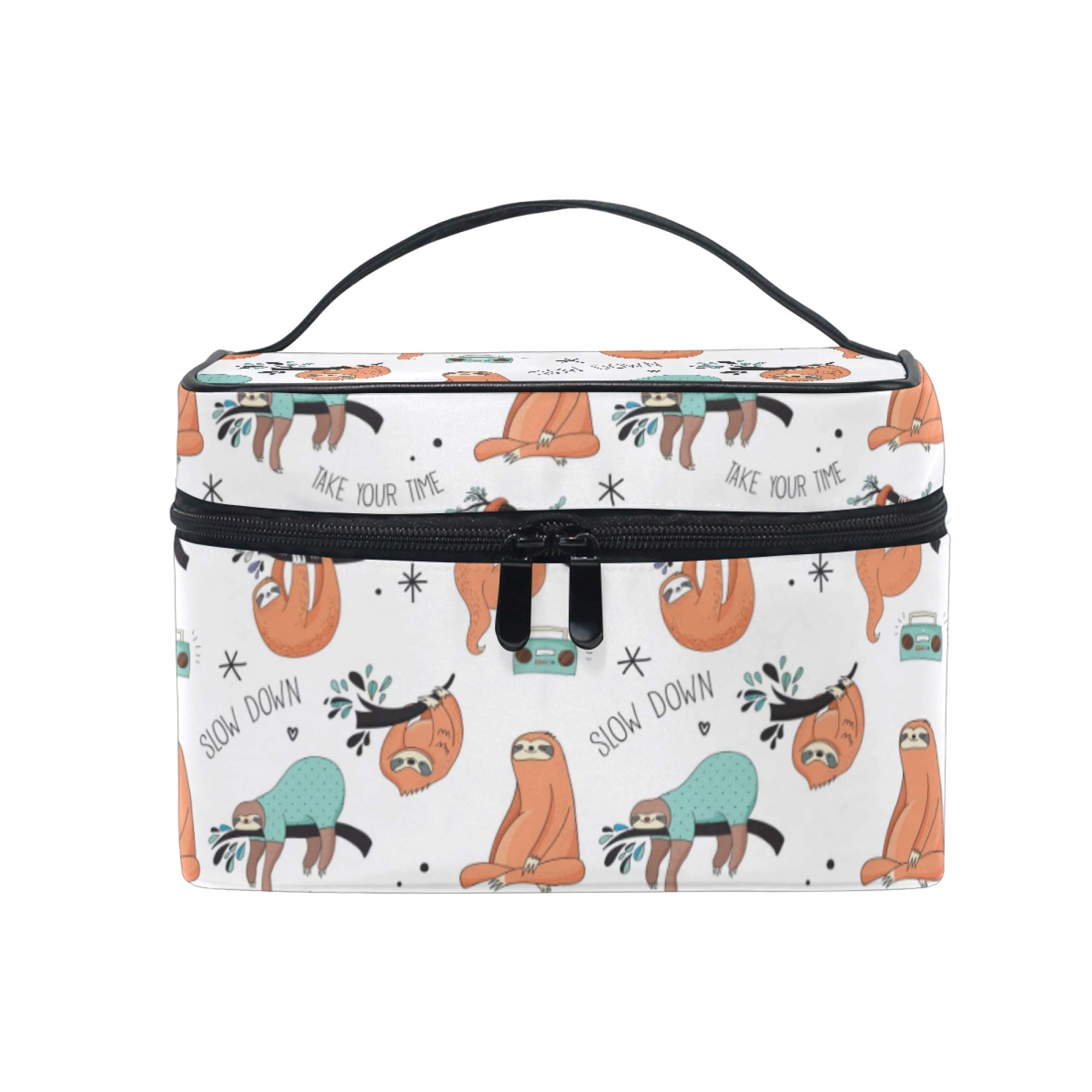 Lazy Sloth Makeup Bag Cream Tropical Sloth Down Carrying Portable Zip Travel Cosmetic Brush Bag Large Travel Organizer Artist for Girls Women
