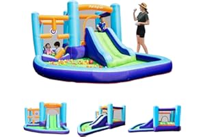 AirMyFun Inflatable Bounce House, Bouncer & Slide with Air Blower,Play House with Ball Pool,Inflatable Kids Slide,Jumping Castle with Carry Bag,Blue